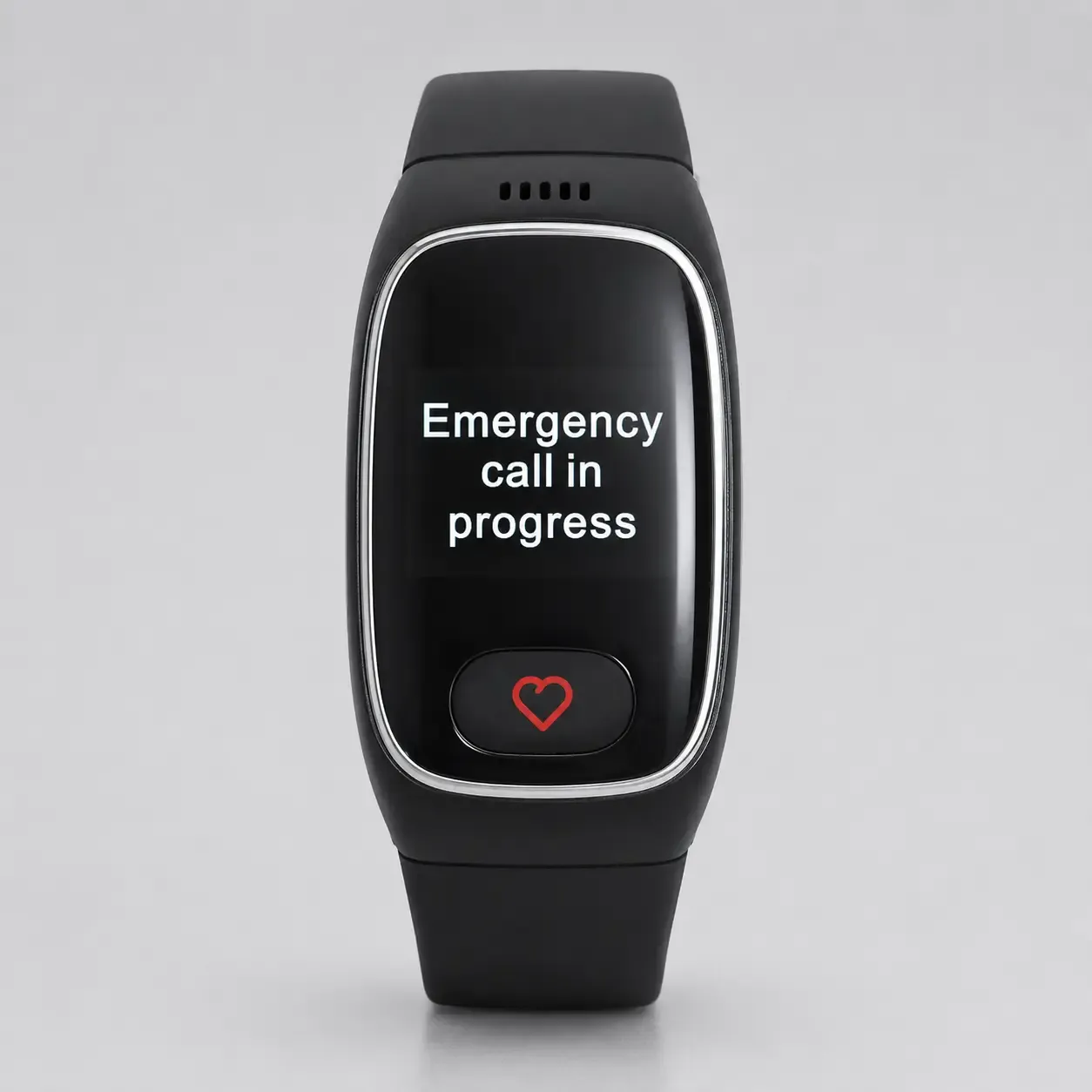 Tela “Emergency call in progress” do relógio ao acionar o botão SOS.